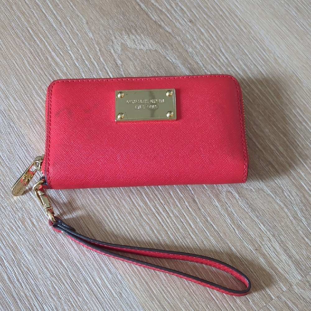 Michael Kors Wallet EST 1981 Orange Leather Small Zip Around Wristlet Wallet